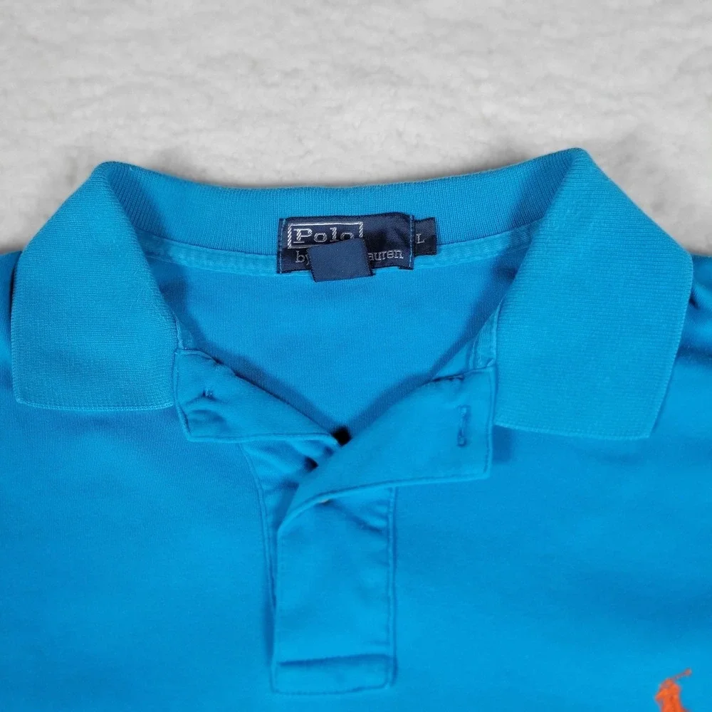 Polo Ralph Lauren Polo Shirt Men Large Blue Short Sleeve Orange Pony Logo